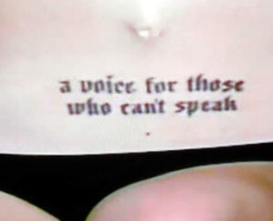 Close-up of Elina Ivanova’s lower belly tattoo ‘a voice for those who can’t speak