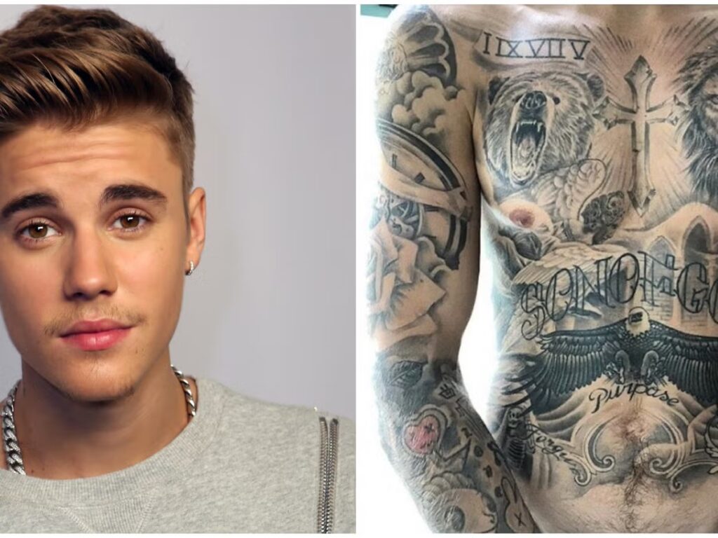 “Justin Bieber shirtless showing full upper-body tattoos in outdoor setting.”